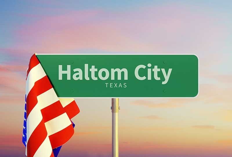 Haltom City – Texas. Road or Town Sign. Flag of the united sta